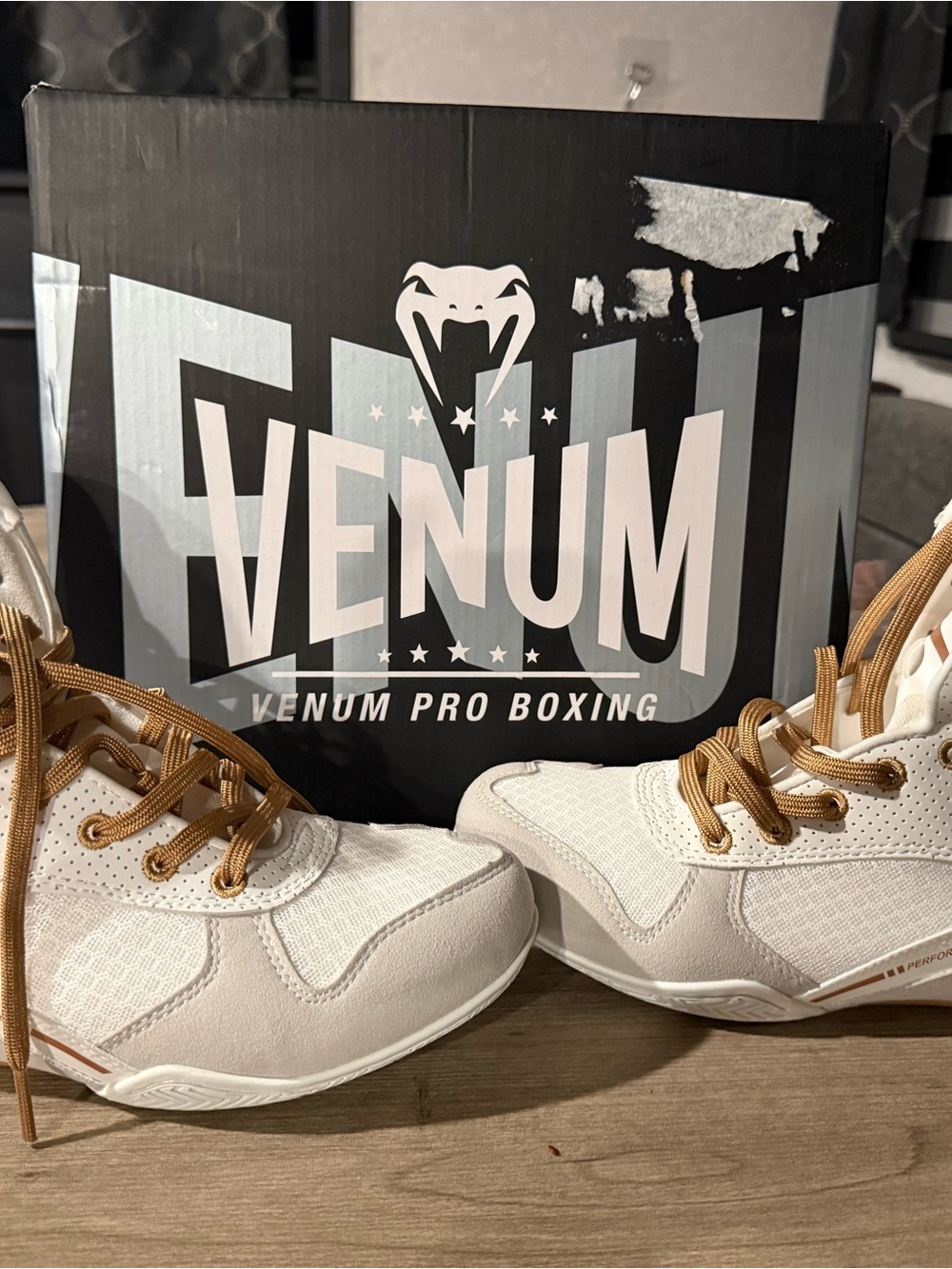 Venum Men's Pro Boxing Shoes - White with Tan Accents